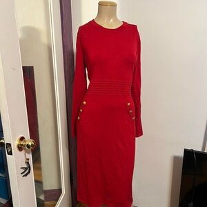 DKNY Red Long Sleeve Dress with Golden Buttons